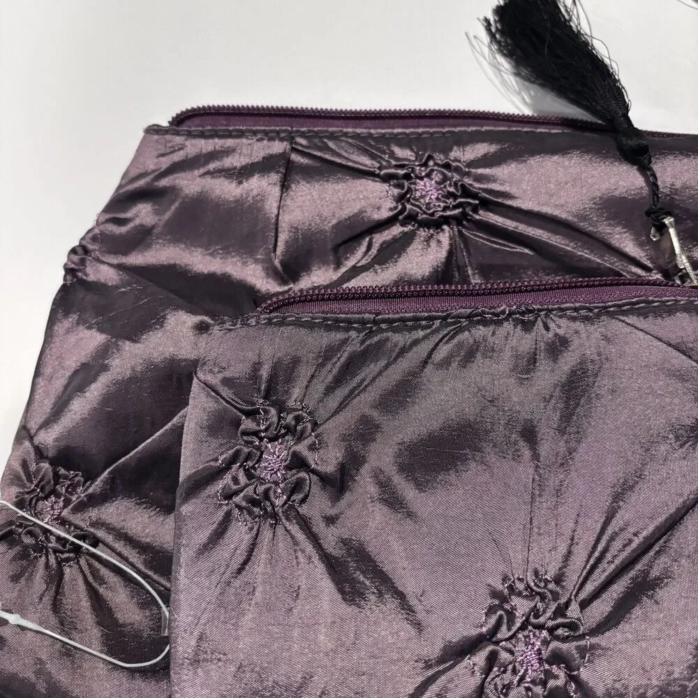 Purple Satin Pintuck Cosmetic Makeup Travel Bag Set 2 Pieces Tassel Zipper NWOT